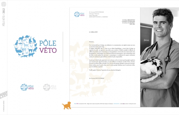 <p class='SolexBolLin titre'>2012 / PÔLE VÉTO - IDENTITÉ</p><div class='desc'><p>Créer l’identité d’une association de cabinets vétérinaires.<br />Exprimer par l’image le professionalisme et le sérieux, conjugués à l’idée de rassemblement.<br />Fédérer.</p>
<p>Posséder un label qui véhicule des valeurs de qualité et d’engagement, mais aussi de développement de la relation client.<br />L'emblème, pôle ouvert de regroupement globale, allie les notions de stabilité et d’unité placées sous le signe de la santé des animaux. La typographie, véritable médiateur, sécurise et est cohérente avec le conseil client, l’information, la ﬁnesse du soin. Le code couleur lié à la profession est complété de teintes qui ajoutent au logo chaleur et modernité.</p>
<p>Création de logotype et de l’univers graphique - en-têtes, fiches d’information client, dossier médical…</p><p class='contact'><a href='mailto:mail.nicolasleduc@wanadoo.fr'>Contactez-moi pour un projet</a></p></div>