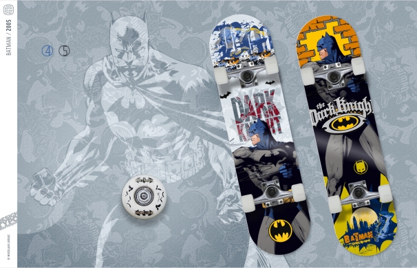 <p class='SolexBolLin titre'>2005 / BATMAN - DESIGN GRAPHIQUE</p><div class='desc'><p>Design graphique de skateboards, 'airpunch' et gants pour l’univers Batman.<br />Création composite à partir de différents éléments fournis, seuls les 'batman characters'(personnage) sont imposés pour le support. L’idée étant d’allier les différents styles en créant une 'cohérence hétérogène' ; 'icons', graphics', logos', etc. et non d’être minimaliste avec un cadrage sur un ou deux éléments.<br />1- Axe 'surf ' - retenu<br />2 & 3- Axes 'jouets 70's' - non retenus<br />Axe 5 & 7 - retenus.<br />Un lettrage créé pour l’occasion a fait l’objet d’un autre axe de design visible dans la rubrique typographie<br />Commande pour MBD Design.</p><p class='contact'><a href='mailto:mail.nicolasleduc@wanadoo.fr'>Contactez-moi pour un projet</a></p></div>