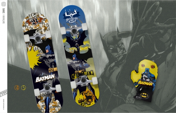 <p class='SolexBolLin titre'>2005 / BATMAN - DESIGN GRAPHIQUE</p><div class='desc'><p>Design graphique de skateboards, 'airpunch' et gants pour l’univers Batman.<br />Création composite à partir de différents éléments fournis, seuls les 'batman characters'(personnage) sont imposés pour le support. L’idée étant d’allier les différents styles en créant une 'cohérence hétérogène' ; 'icons', graphics', logos', etc. et non d’être minimaliste avec un cadrage sur un ou deux éléments.<br />1- Axe 'surf ' - retenu<br />2 & 3- Axes 'jouets 70's' - non retenus<br />Axe 5 & 7 - retenus.<br />Un lettrage créé pour l’occasion a fait l’objet d’un autre axe de design visible dans la rubrique typographie<br />Commande pour MBD Design.</p><p class='contact'><a href='mailto:mail.nicolasleduc@wanadoo.fr'>Contactez-moi pour un projet</a></p></div>