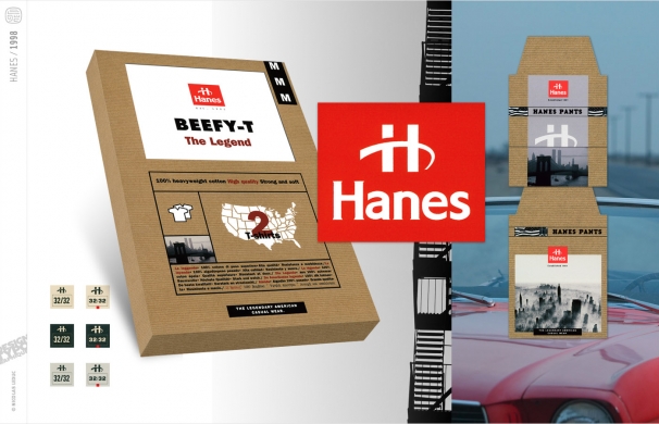 <p class='SolexBolLin titre'>1998 / HANES - PRINT DESIGN</p><div class='desc'>Concept d’identité visuelle globale à partir du logotype Hanes. <br />Offrir un champ d'expression et de communicaton graphique à la marque de prêt-à-porter possédant de fortes références à la légende américaine. Le design développe cette appartenance d'origine et l'affiche sans complexe à travers les codes d'un univers homogène, singulier et rapidement identiﬁable.<br /><br />Création et mise en application du concept identitaire : création du catalogue des produits 'Hanes Basics', création du packaging des t-shirts 'Beefy-T', création des pockets blasters, création des étiquettes tailles et 'wash', création des panneaux PLV. <br />Réalisation pour Hanes France - Agence Air Screen<p class='contact'><a href='mailto:mail.nicolasleduc@wanadoo.fr'>Contactez-moi pour un projet</a></p></div>