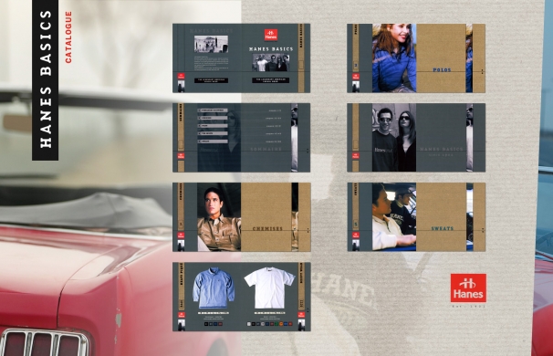 <p class='SolexBolLin titre'>1998 / HANES - PRINT DESIGN</p><div class='desc'>Concept d’identité visuelle globale à partir du logotype Hanes. <br />Offrir un champ d'expression et de communicaton graphique à la marque de prêt-à-porter possédant de fortes références à la légende américaine. Le design développe cette appartenance d'origine et l'affiche sans complexe à travers les codes d'un univers homogène, singulier et rapidement identiﬁable.<br /><br />Création et mise en application du concept identitaire : création du catalogue des produits 'Hanes Basics', création du packaging des t-shirts 'Beefy-T', création des pockets blasters, création des étiquettes tailles et 'wash', création des panneaux PLV. <br />Réalisation pour Hanes France - Agence Air Screen<p class='contact'><a href='mailto:mail.nicolasleduc@wanadoo.fr'>Contactez-moi pour un projet</a></p></div>