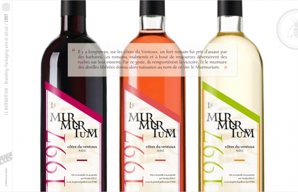 <p class='SolexBolLin titre'>1997 / LE MURMURIUM - PACKAGING</p><div class='desc'><p>Concept original de marque produit sur étiquette de vin d’AOC, Côtes du Ventoux.</p>
<p>L’identité est avant tout le reflet d'une histoire d'où naît un nom et un univers.</p>
<p>La vigne est l’héritage d’un passé, d’un lieu, d’un murmure d’abeilles.</p>
<p> </p>
<p>Création typographique de marque et design de packaging, déclinaison des gammes.</p>
<p>Directeur de création : Francis Metzler</p><p class='contact'><a href='mailto:mail.nicolasleduc@wanadoo.fr'>Contactez-moi pour un projet</a></p></div>