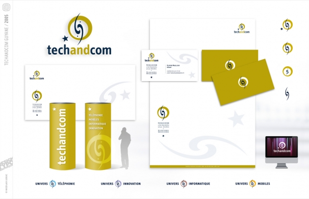 <p class='SolexBolLin titre'>2005 / TECHANCOM - IDENTITÉ</p><div class='desc'>Basé à Kourou en Guyane française, aire de lancement de nos fusées, Techandcom a voulu développer son concept et ses magasins autour de la technologie et de la communication en étendant sa vente autour de quatre univers: Mobiles / Informatique / Téléphonie / Innovation.<br />Séduit par le monde céleste et l’imaginaire véhiculé par le signe de la galaxie qui tend l’oreille, le client a fait le choix d’une image jeune et communiquante, en résonnance avec le monde, toujours en mouvement et en phase avec le futur.<br />Création de l’identité visuelle globale de l’entreprise. Logotype, papeterie, code et applications graphiques, panneaux et oriflammes, flyer, t-shirt.<br /><a href='http://www.techandcom.com/' target='_blank'>www.techandcom.com</a><p class='contact'><a href='mailto:mail.nicolasleduc@wanadoo.fr'>Contactez-moi pour un projet</a></p></div>