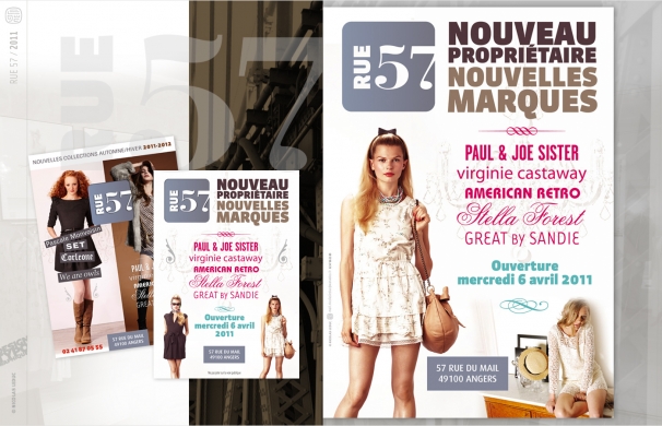 <p class='SolexBolLin titre'>2010-2012 / RUE 57 - PRINT DESIGN</p><div class='desc'>Refonte de l’identité du magasin Rue 57.<br />Un lifting sur mesure permettant un changement en douceur pour un nouveau propiriétaire proposant de nouvelles marques. Plus fashion et plus haut de gamme la boutique de prêt-à-porter située à Angers s’affiche et propose des enseignes phares de la mode parisienne tel que Paul & Joe sister, virginie castaway ou encore Corleone. <br />Logotype, code couleur, carte de visite, flyer, 1/4 de page publicitaire pour le magazine Elle, affiche A3, applications design sur les séries printemps-été & automne-hiver 60x80 cm.<p class='contact'><a href='mailto:mail.nicolasleduc@wanadoo.fr'>Contactez-moi pour un projet</a></p></div>