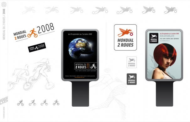 <p class='SolexBolLin titre'>2008 / MONDIAL DU 2 ROUES - ÉVÉNEMENTIEL</p><div class='desc'>Création d’identité pour l’événement “mondial du deux roues”. Deux axes créés pour ce logotype en tête d’affiche. Le premier propose un lifting du logo existant, le second gomme l’image sectaire que véhiculait jusqu’ici cette manifestation, en la rendant tous publics.<br />Création des logotypes et compositions des affiches. Design graphique pour Seenk. Création des visuels pour affiche: Graphéine<p class='contact'><a href='mailto:mail.nicolasleduc@wanadoo.fr'>Contactez-moi pour un projet</a></p></div>