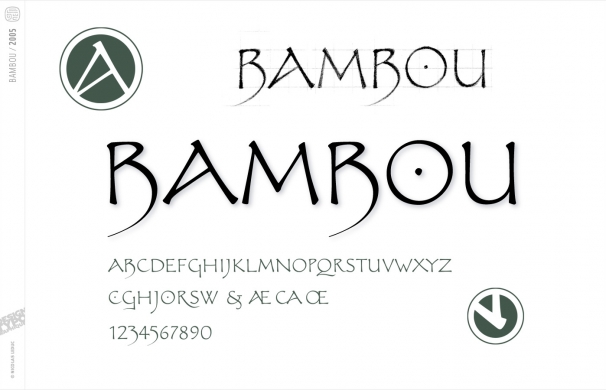 <p class='SolexBolLin titre'>2005 / BAMBOU - POLICE DE CARACTÈRES</p><div class='desc'>Création d’alphabet. La police de caractères “bambou” est une décorative tirant son inspiration des capitales antiques dans leur élégance et leur stature, et de l’extrême-orient en ce qui concerne ses empattements et courbes incisées. Elle tente la conjugaison de la plume et du pinceau.<p class='contact'><a href='mailto:mail.nicolasleduc@wanadoo.fr'>Contactez-moi pour un projet</a></p></div>